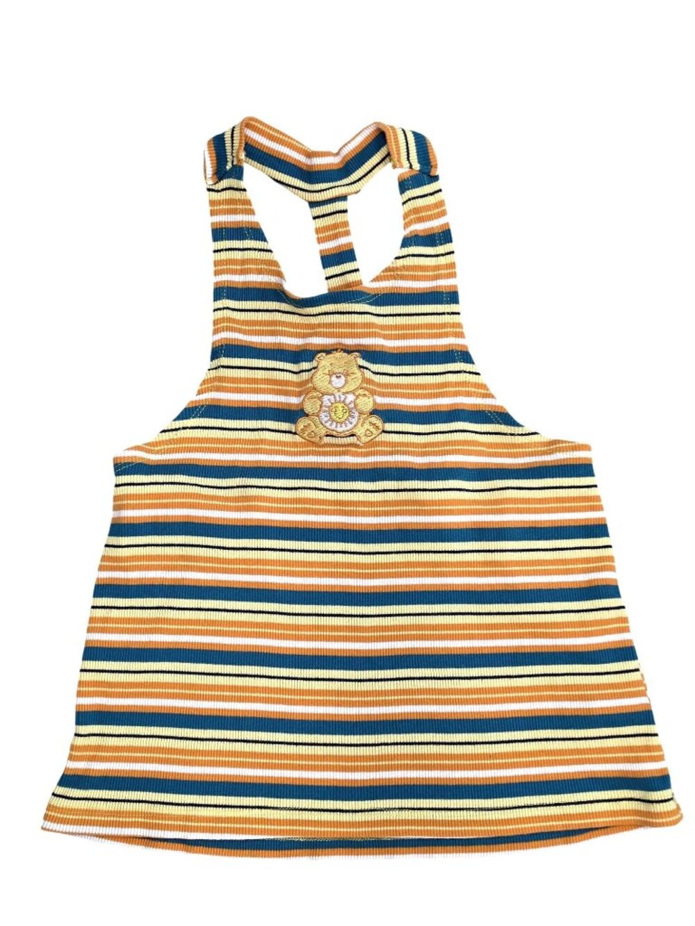 Striped Care Bear Embroidered Ribbed Tank Top size XL Orange & Blue retro style